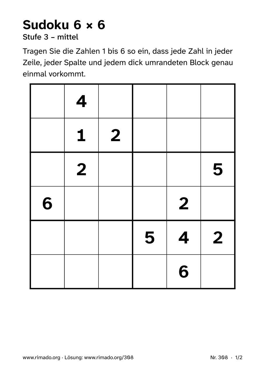 Vorschau der Druckseite: Sudoku 6 × 6, Nr. 308