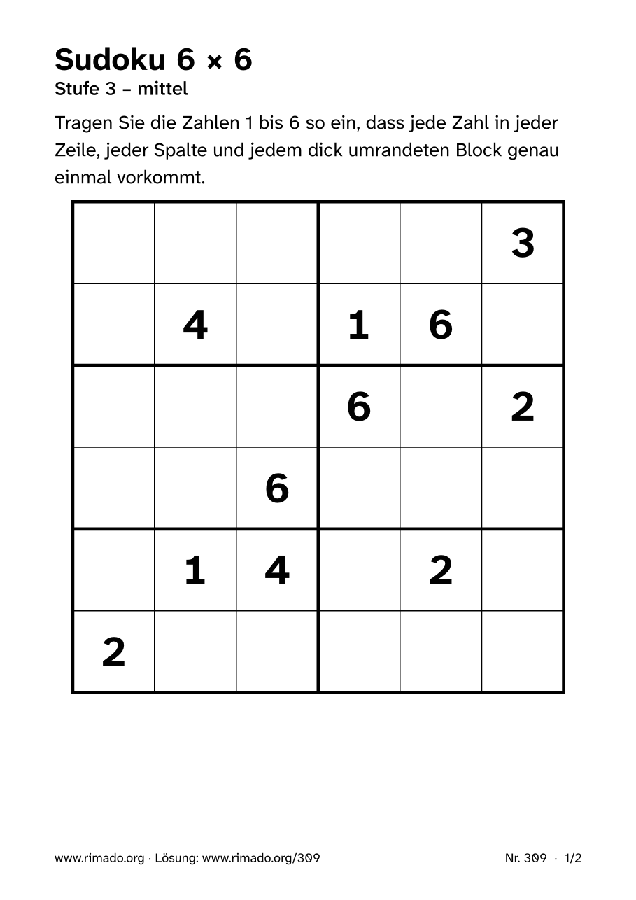 Vorschau der Druckseite: Sudoku 6 × 6, Nr. 309