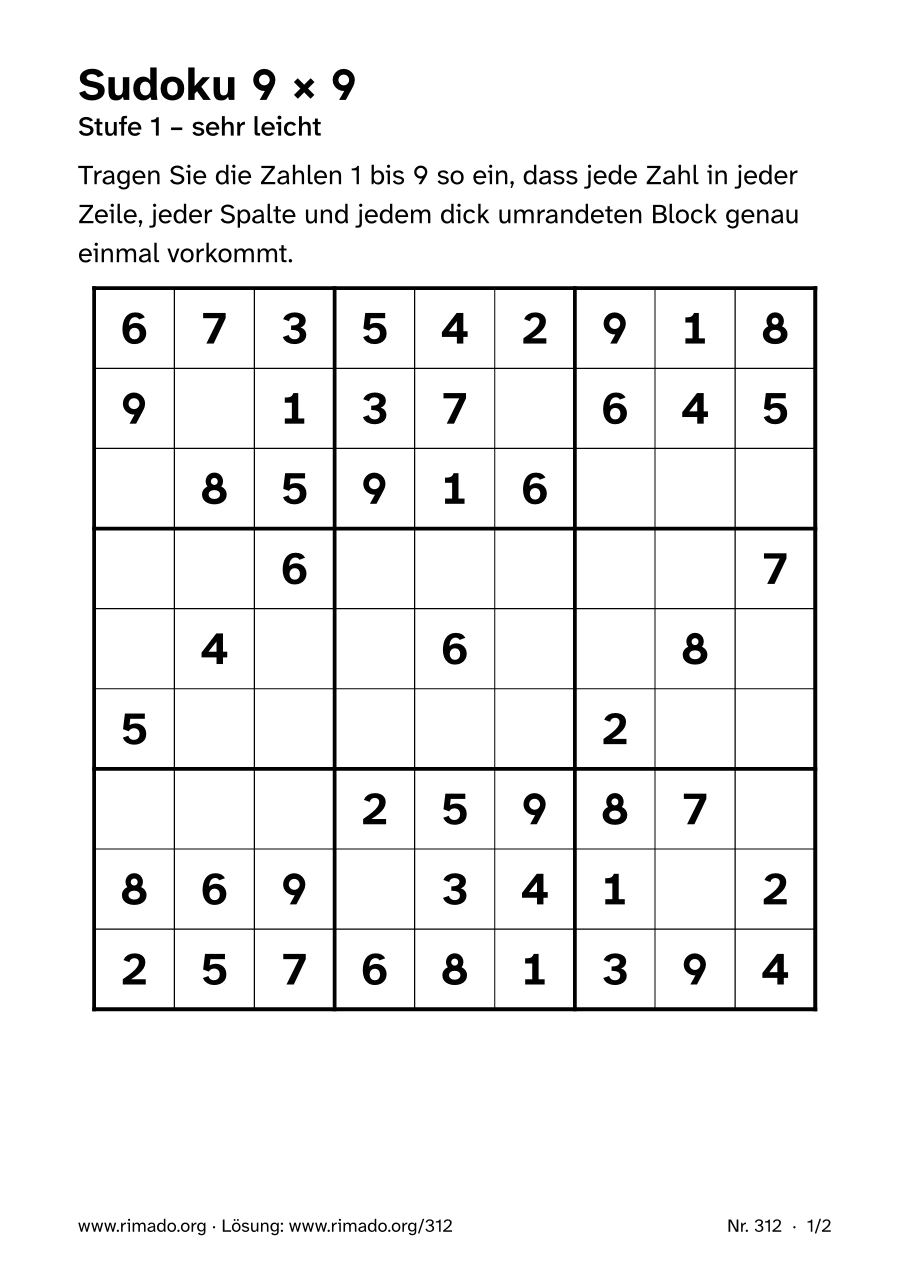 Vorschau der Druckseite: Sudoku 9 × 9, Nr. 312