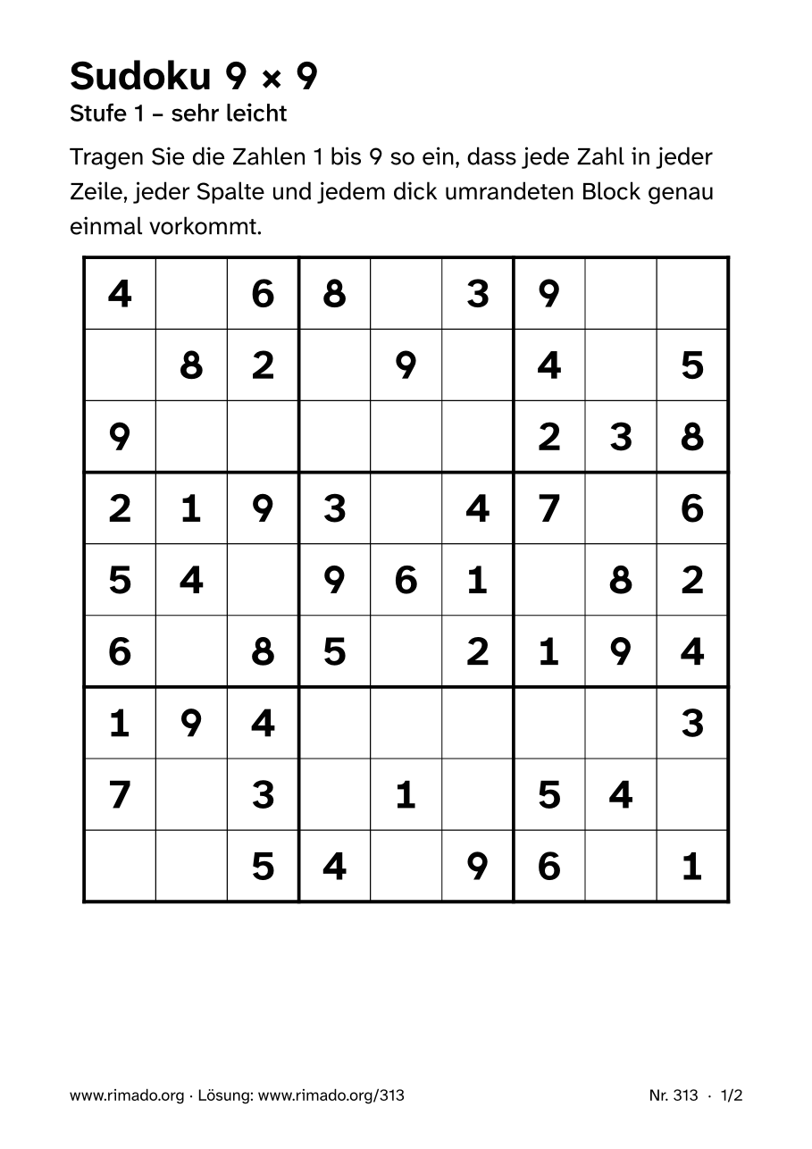 Vorschau der Druckseite: Sudoku 9 × 9, Nr. 313