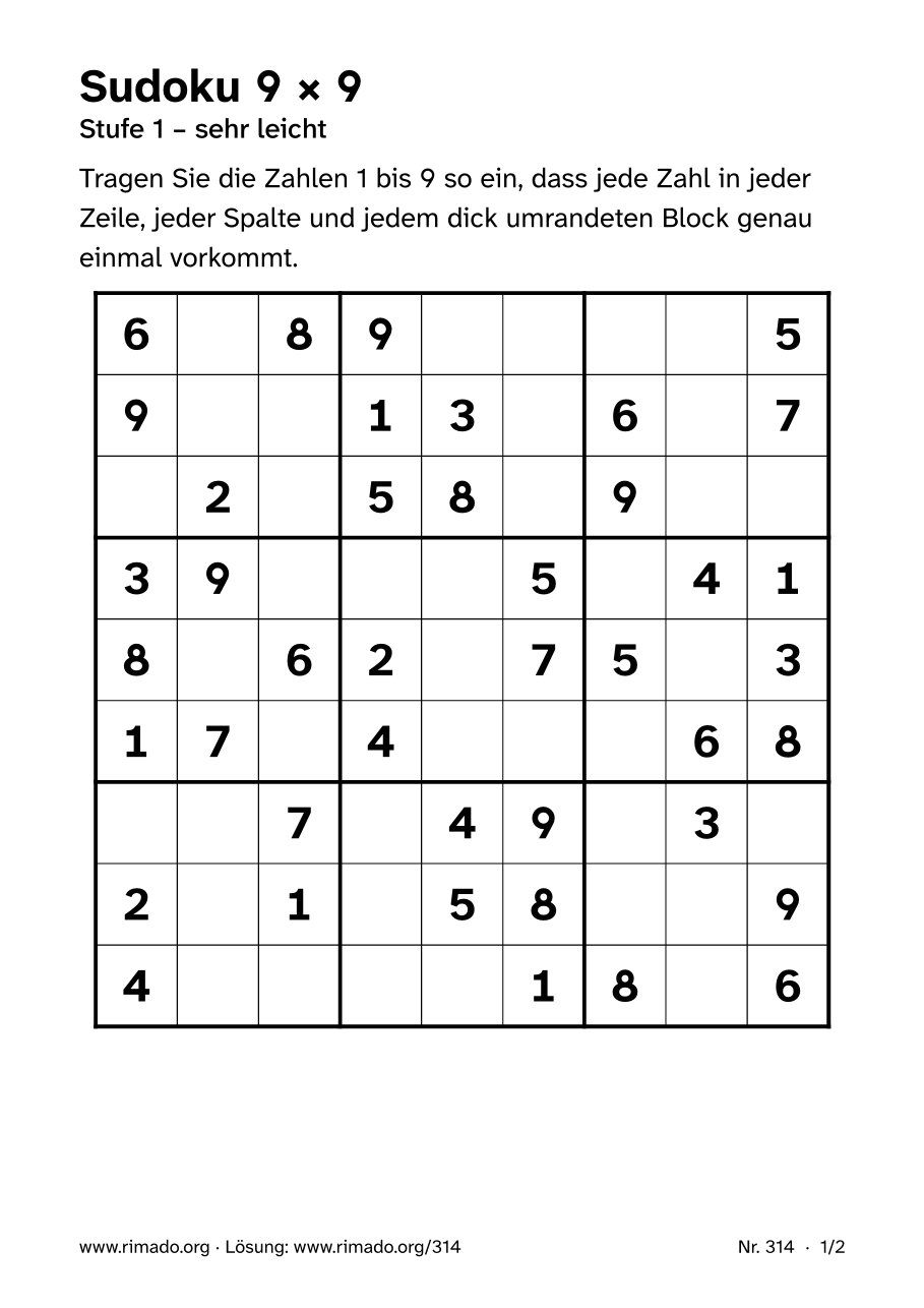Vorschau der Druckseite: Sudoku 9 × 9, Nr. 314