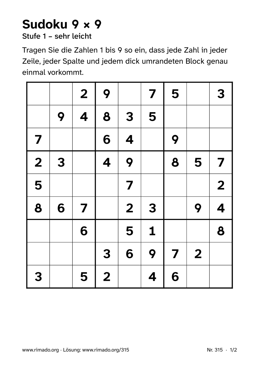 Vorschau der Druckseite: Sudoku 9 × 9, Nr. 315