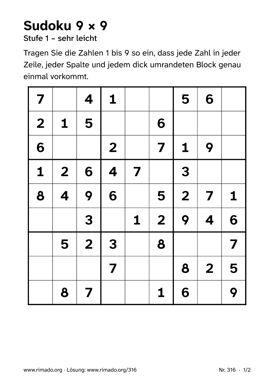 Vorschau der Druckseite: Sudoku 9 × 9, Nr. 316