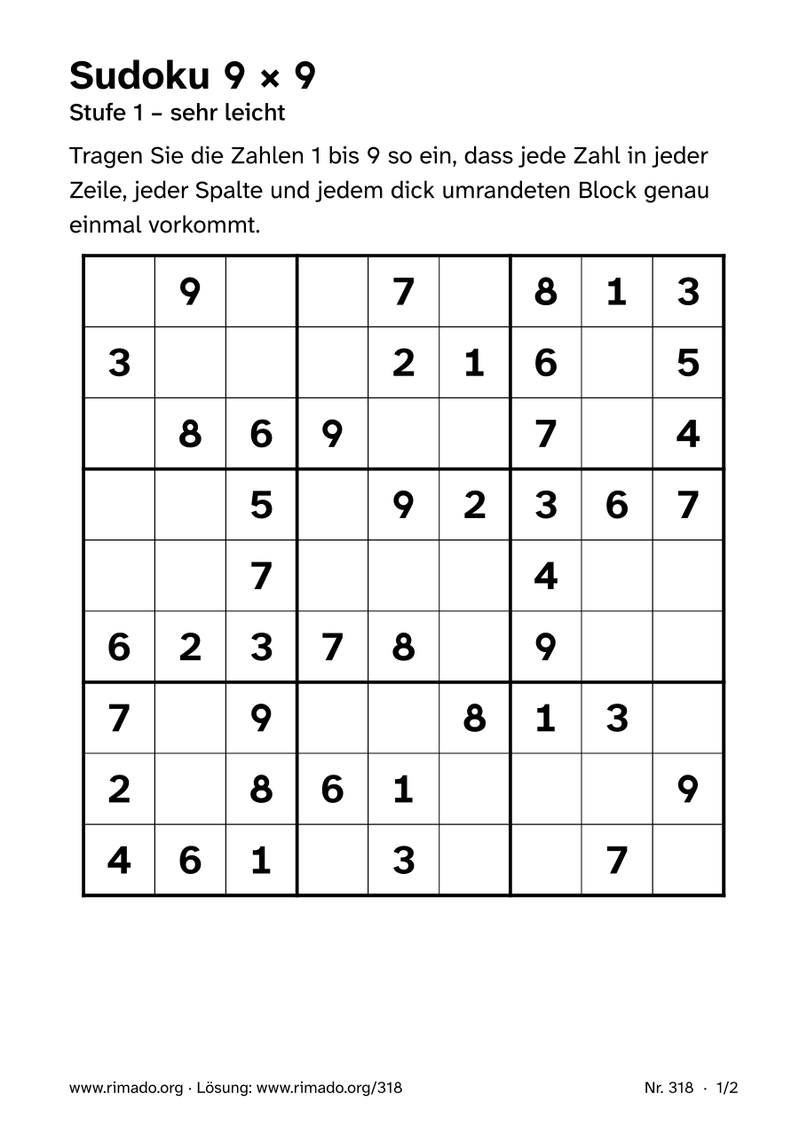 Vorschau der Druckseite: Sudoku 9 × 9, Nr. 318