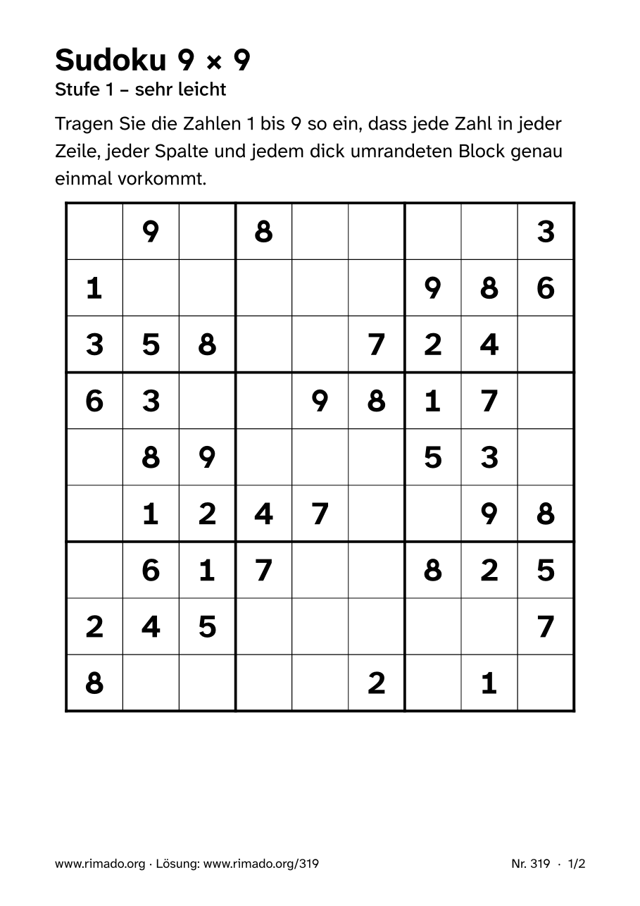 Vorschau der Druckseite: Sudoku 9 × 9, Nr. 319