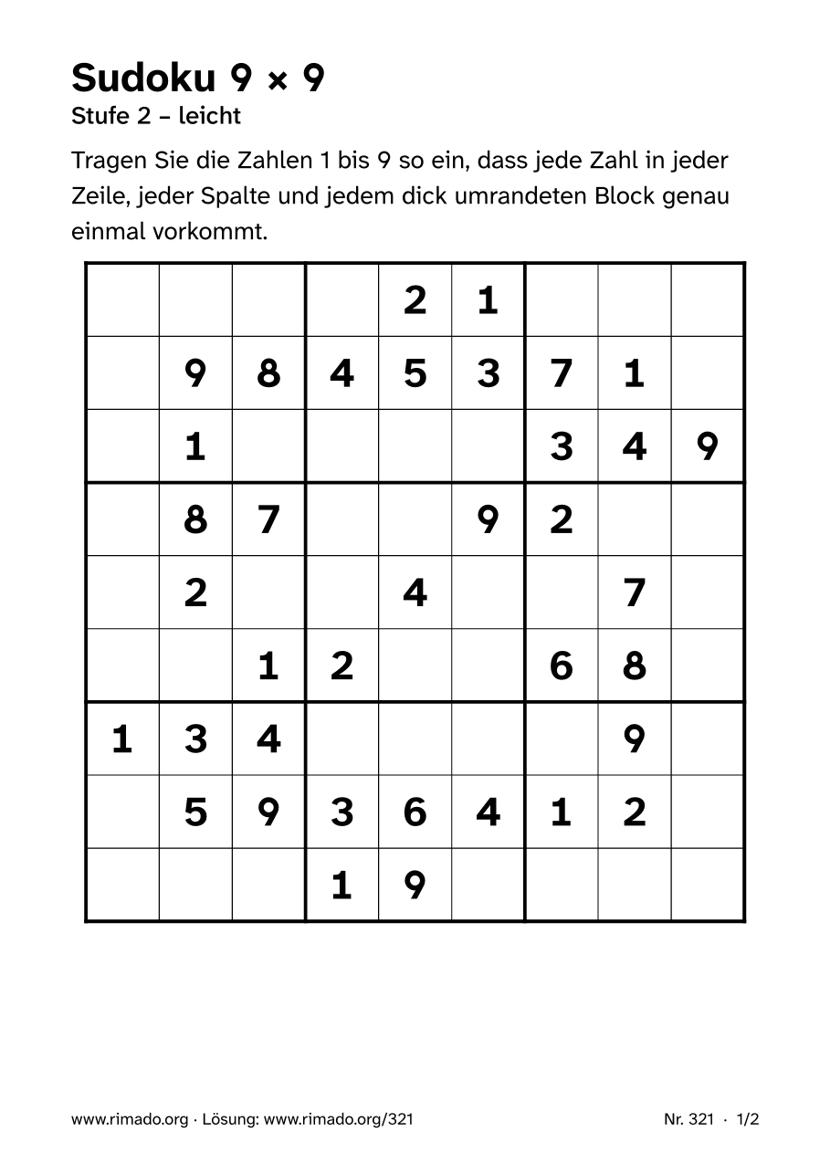Vorschau der Druckseite: Sudoku 9 × 9, Nr. 321
