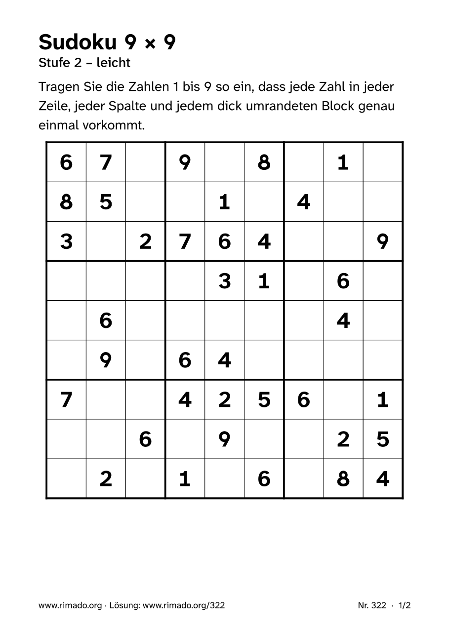 Vorschau der Druckseite: Sudoku 9 × 9, Nr. 322