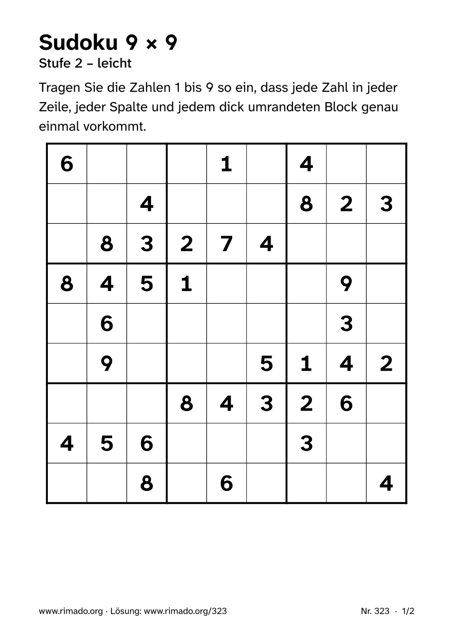 Vorschau der Druckseite: Sudoku 9 × 9, Nr. 323