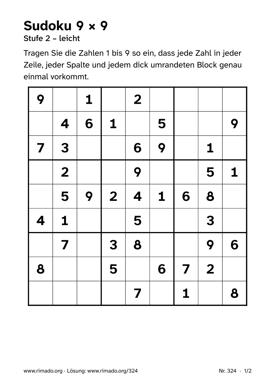 Vorschau der Druckseite: Sudoku 9 × 9, Nr. 324