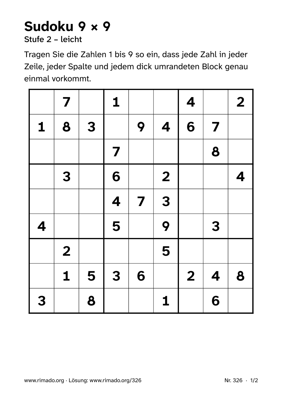 Vorschau der Druckseite: Sudoku 9 × 9, Nr. 326