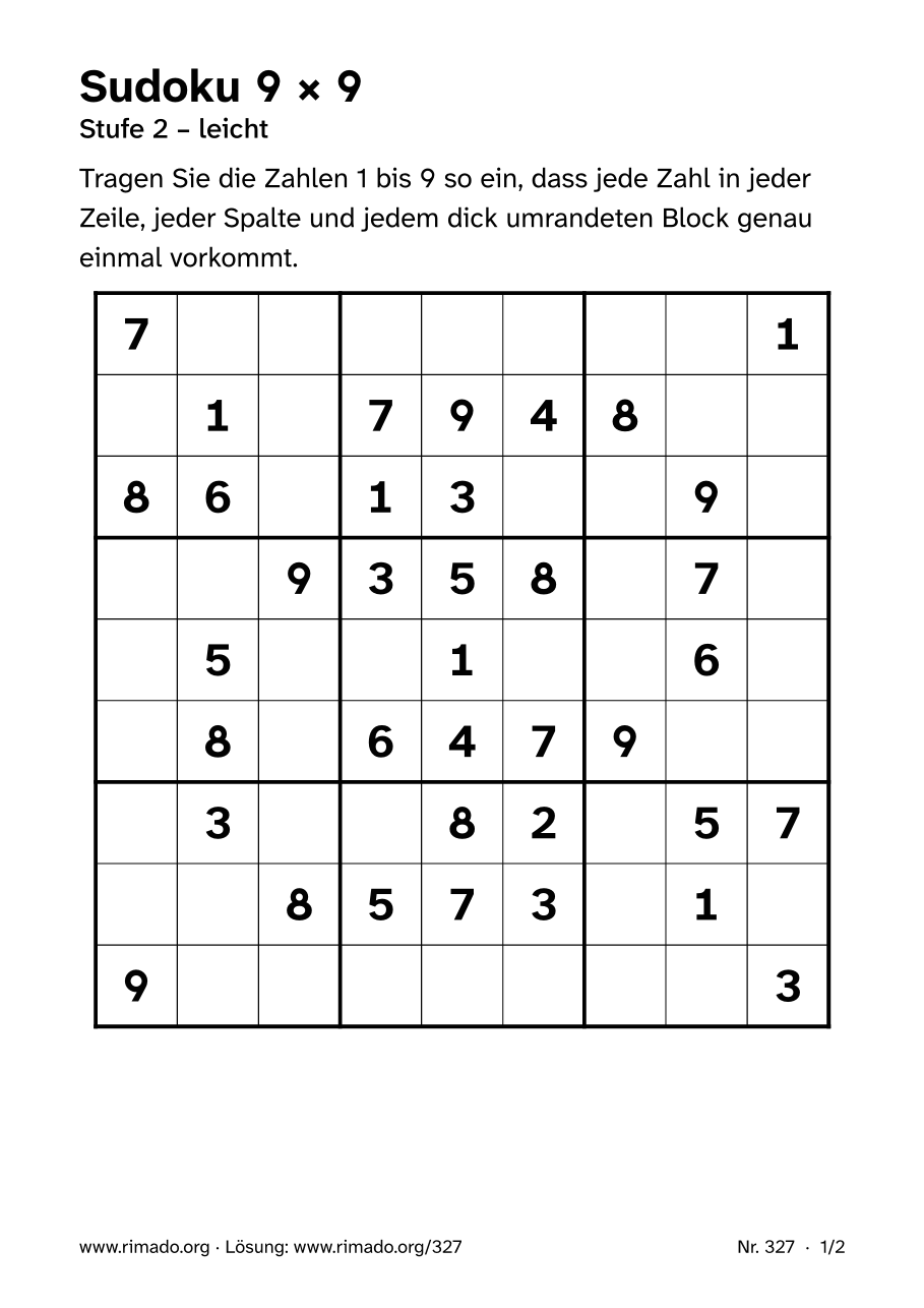 Vorschau der Druckseite: Sudoku 9 × 9, Nr. 327