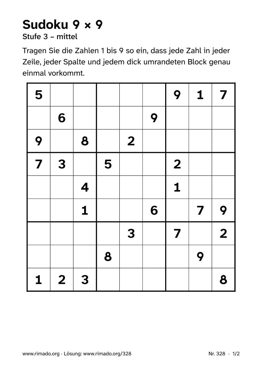 Vorschau der Druckseite: Sudoku 9 × 9, Nr. 328