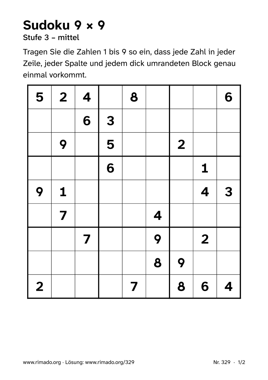 Vorschau der Druckseite: Sudoku 9 × 9, Nr. 329