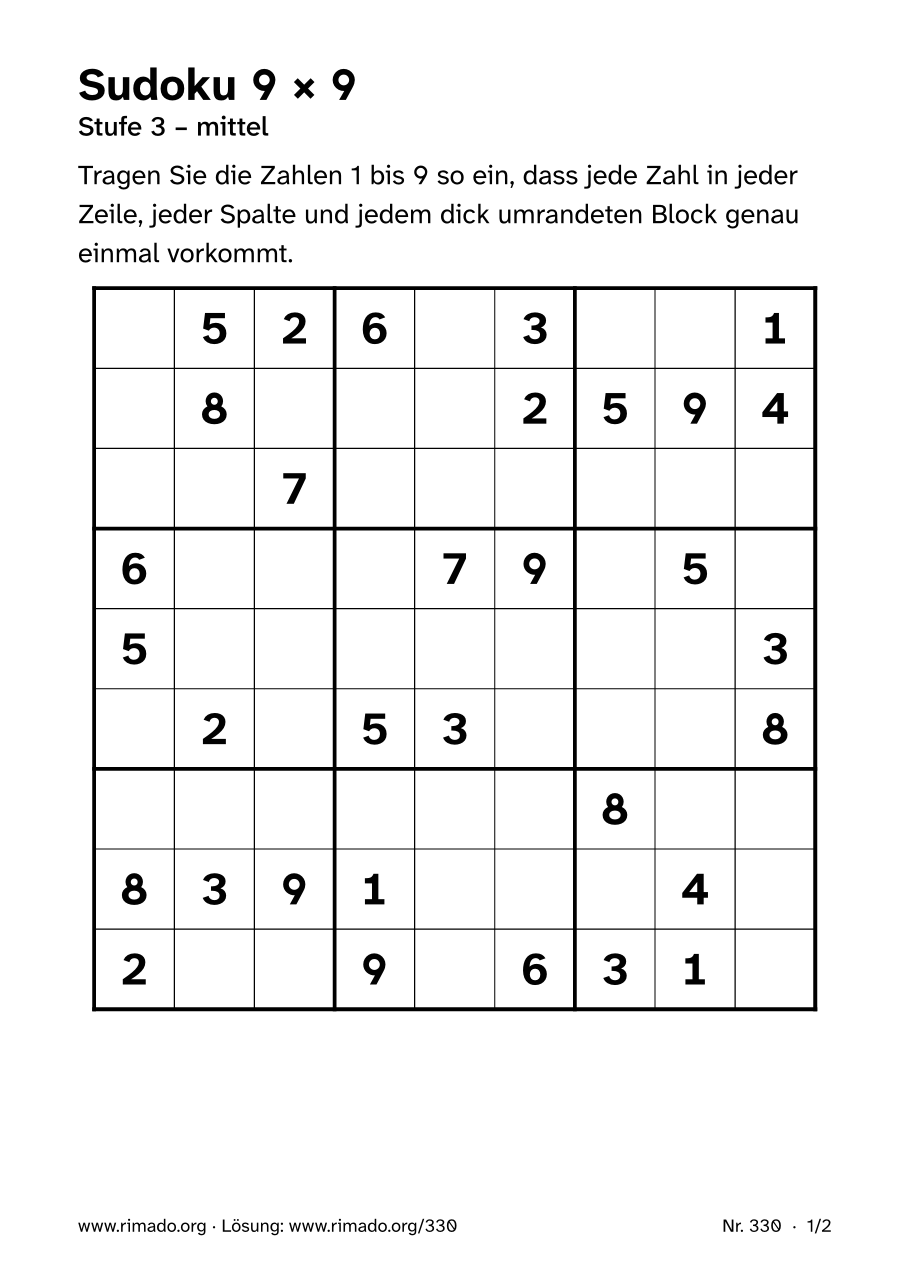 Vorschau der Druckseite: Sudoku 9 × 9, Nr. 330
