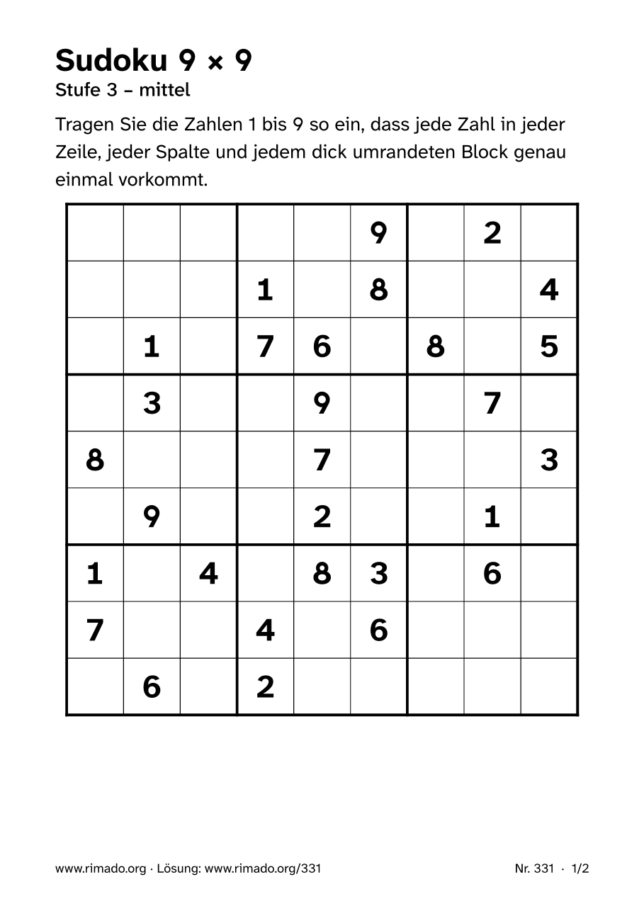 Vorschau der Druckseite: Sudoku 9 × 9, Nr. 331