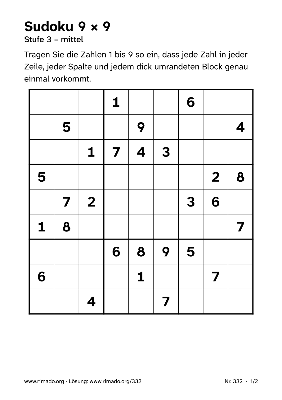 Vorschau der Druckseite: Sudoku 9 × 9, Nr. 332
