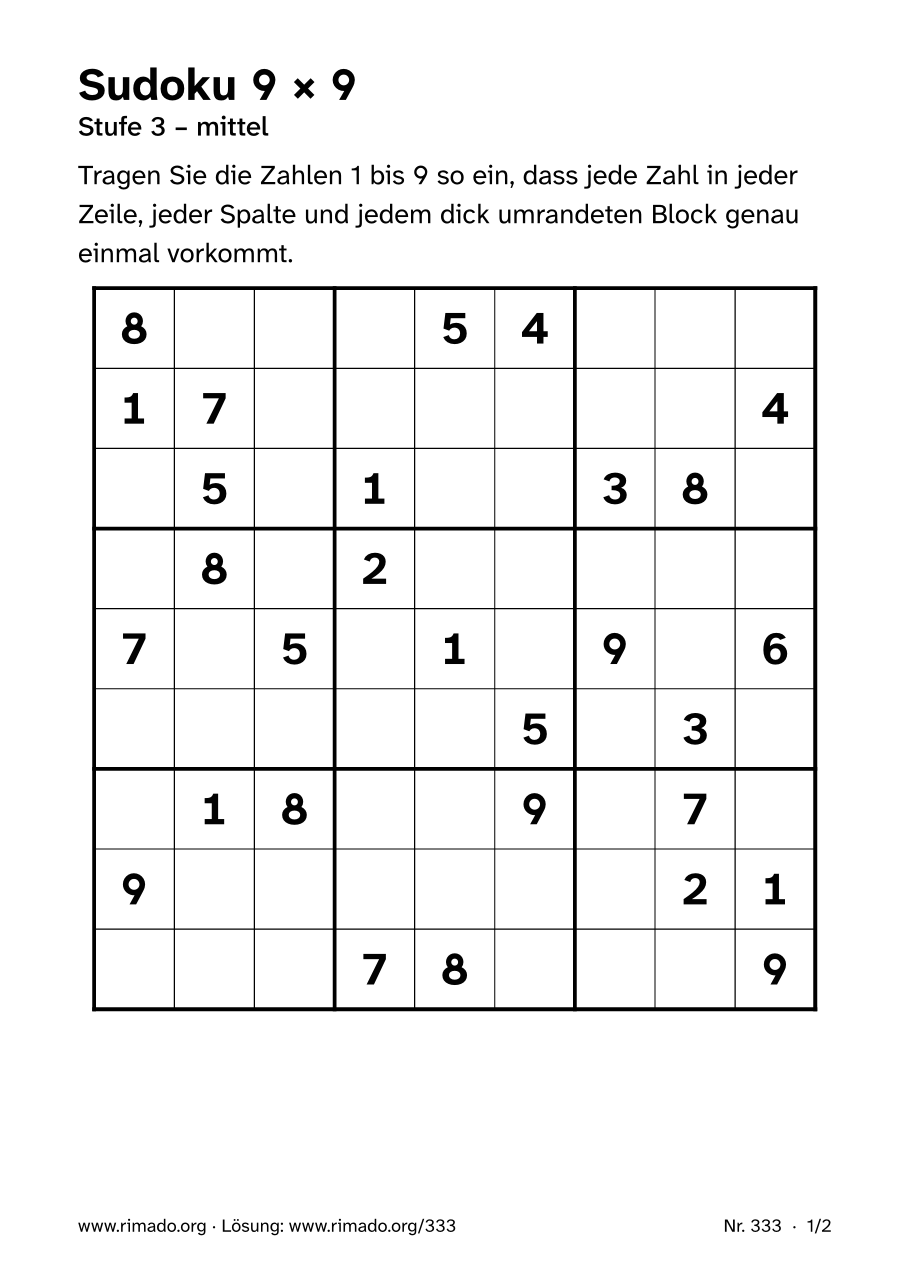 Vorschau der Druckseite: Sudoku 9 × 9, Nr. 333
