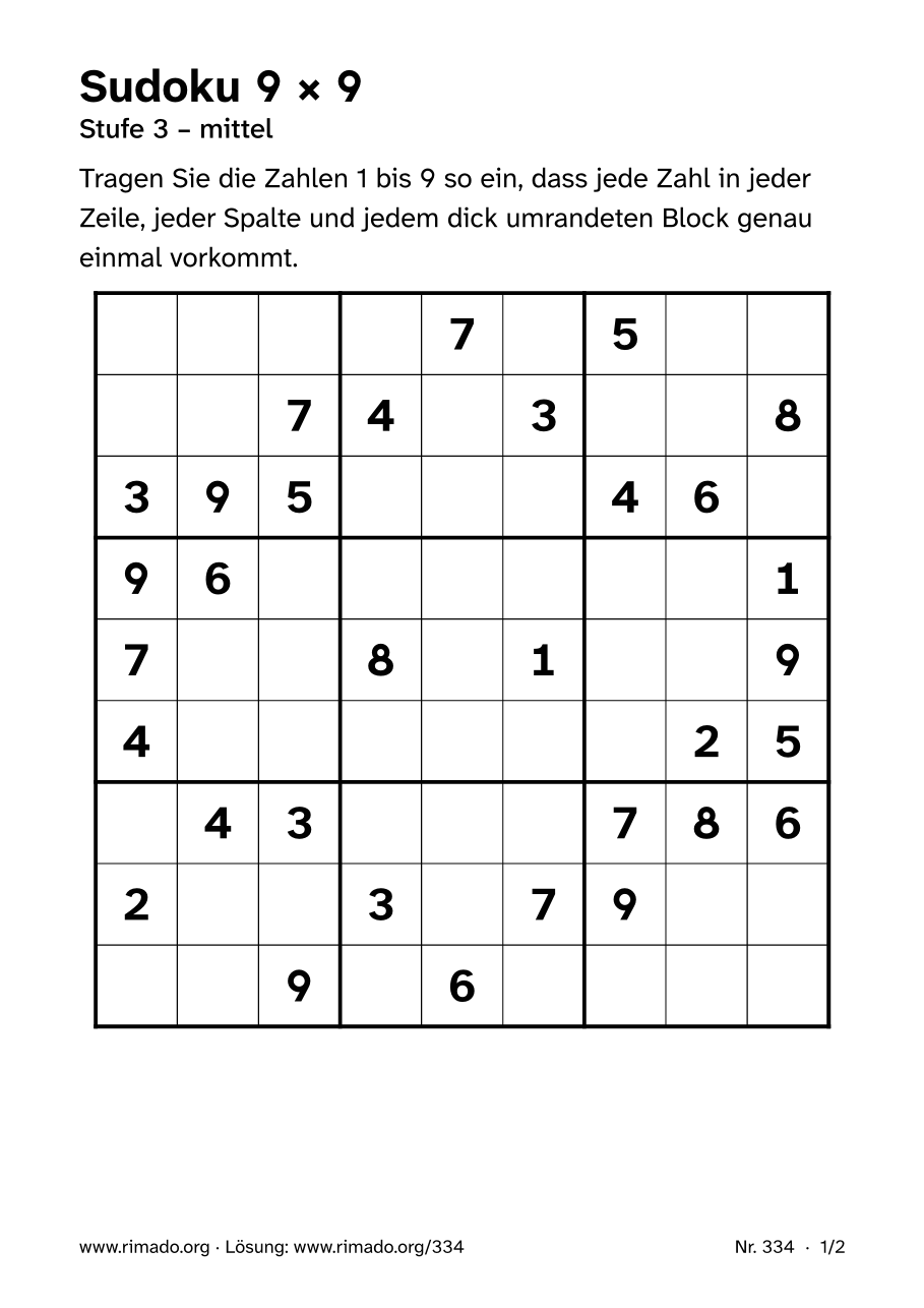 Vorschau der Druckseite: Sudoku 9 × 9, Nr. 334