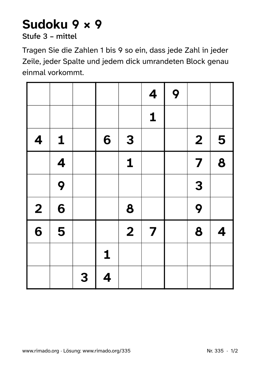 Vorschau der Druckseite: Sudoku 9 × 9, Nr. 335