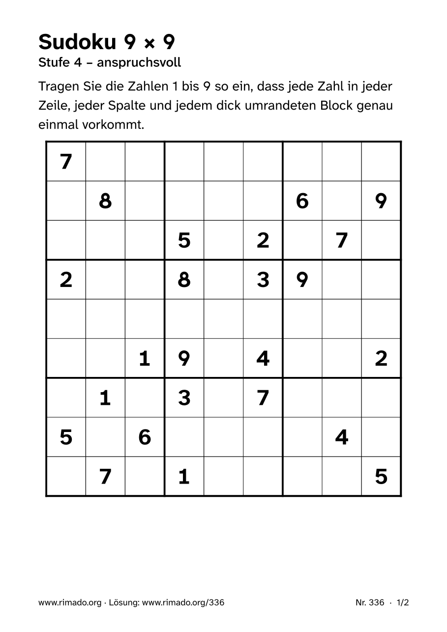 Vorschau der Druckseite: Sudoku 9 × 9, Nr. 336