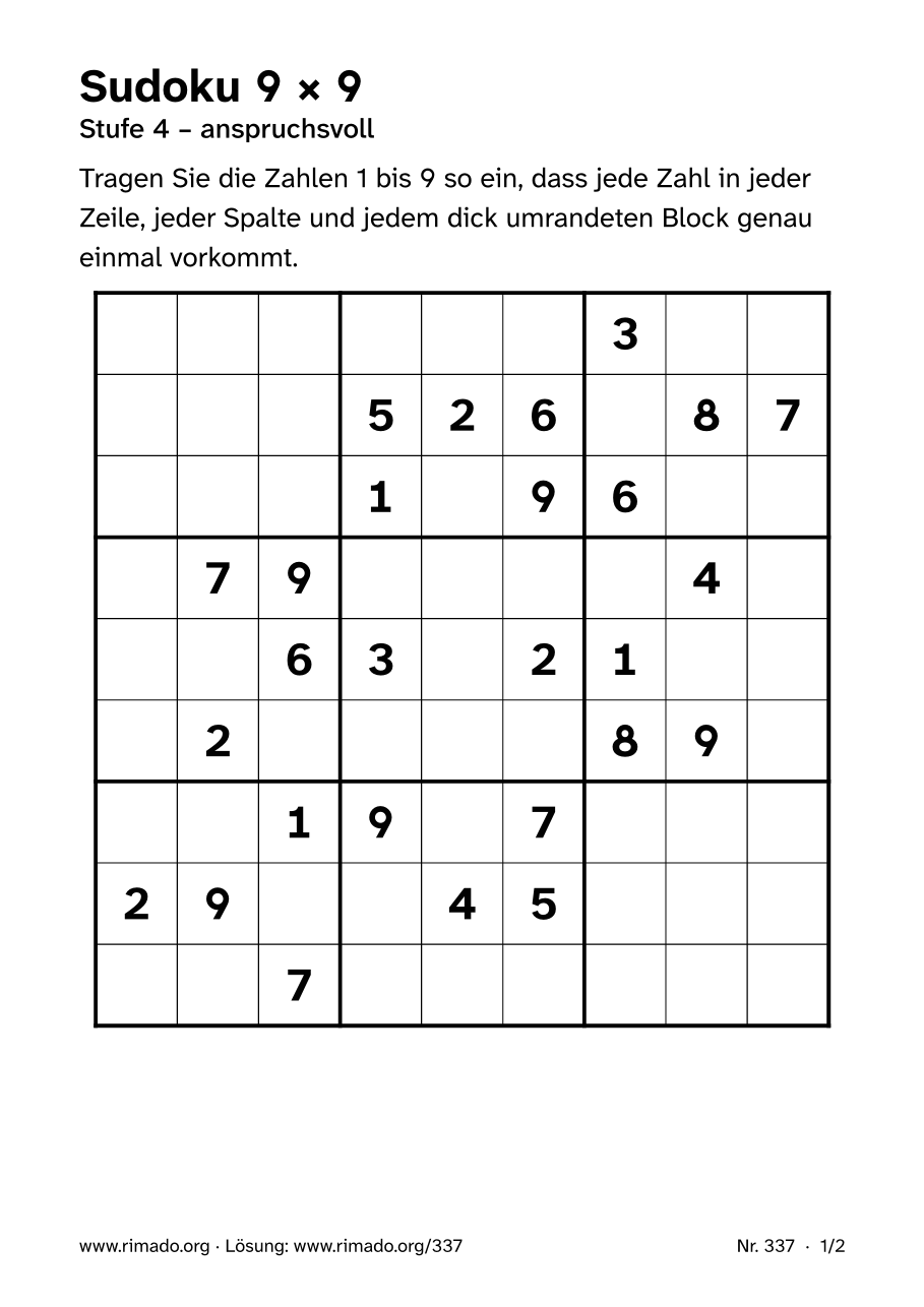 Vorschau der Druckseite: Sudoku 9 × 9, Nr. 337