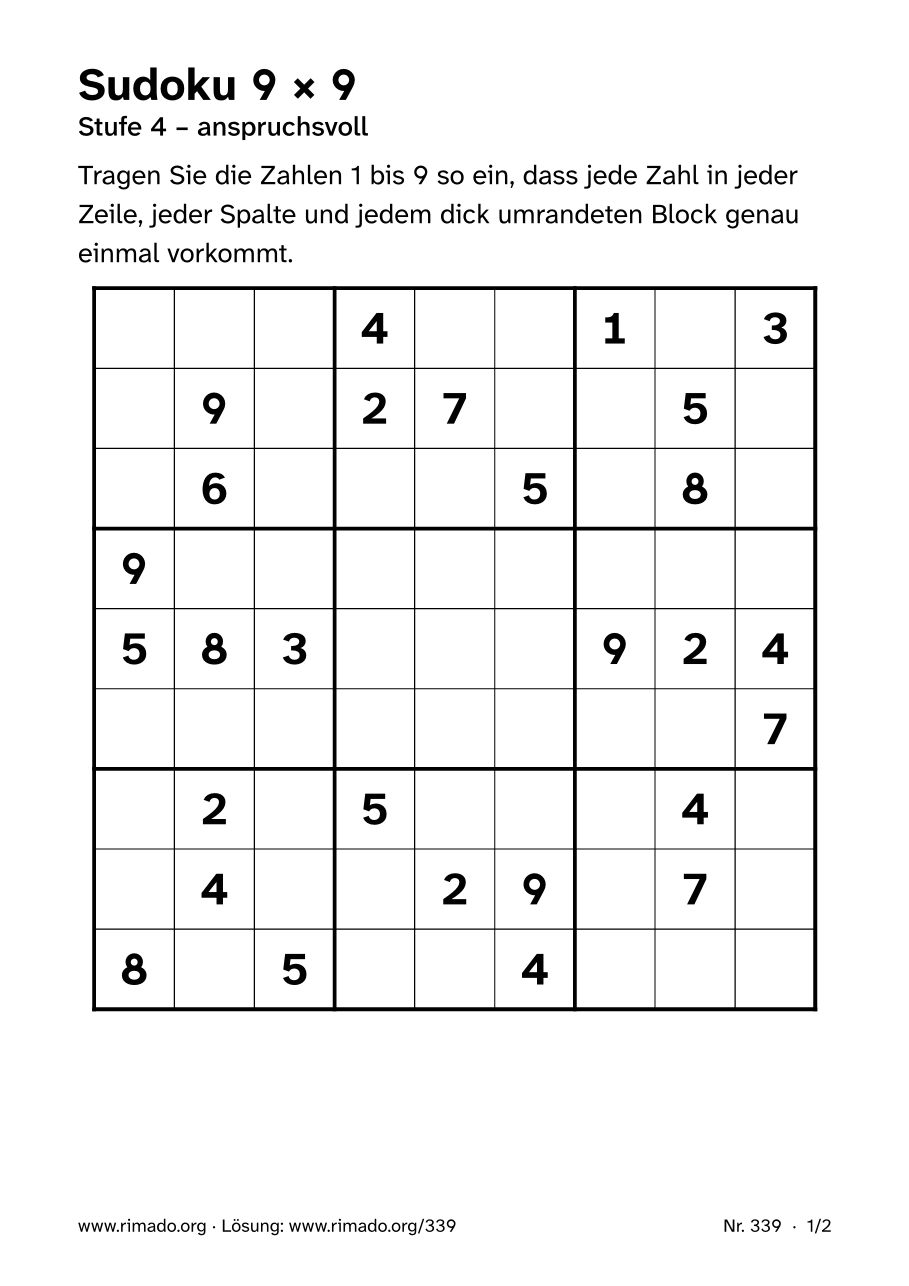 Vorschau der Druckseite: Sudoku 9 × 9, Nr. 339
