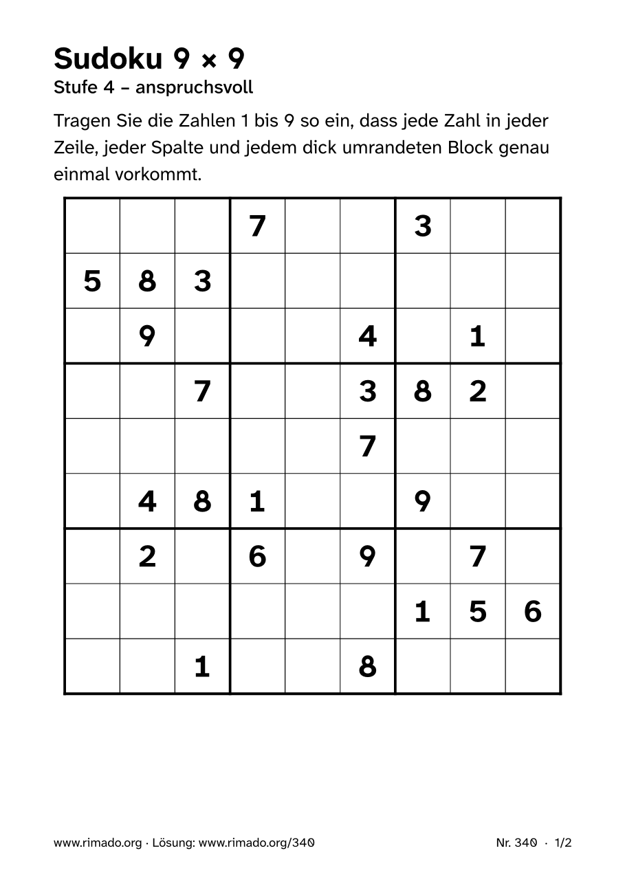 Vorschau der Druckseite: Sudoku 9 × 9, Nr. 340