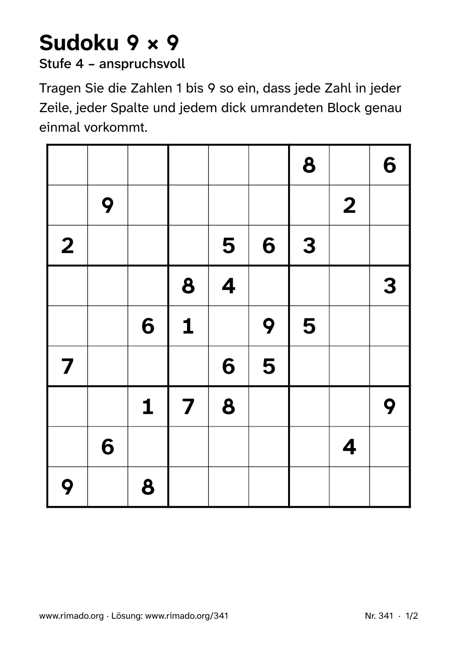 Vorschau der Druckseite: Sudoku 9 × 9, Nr. 341