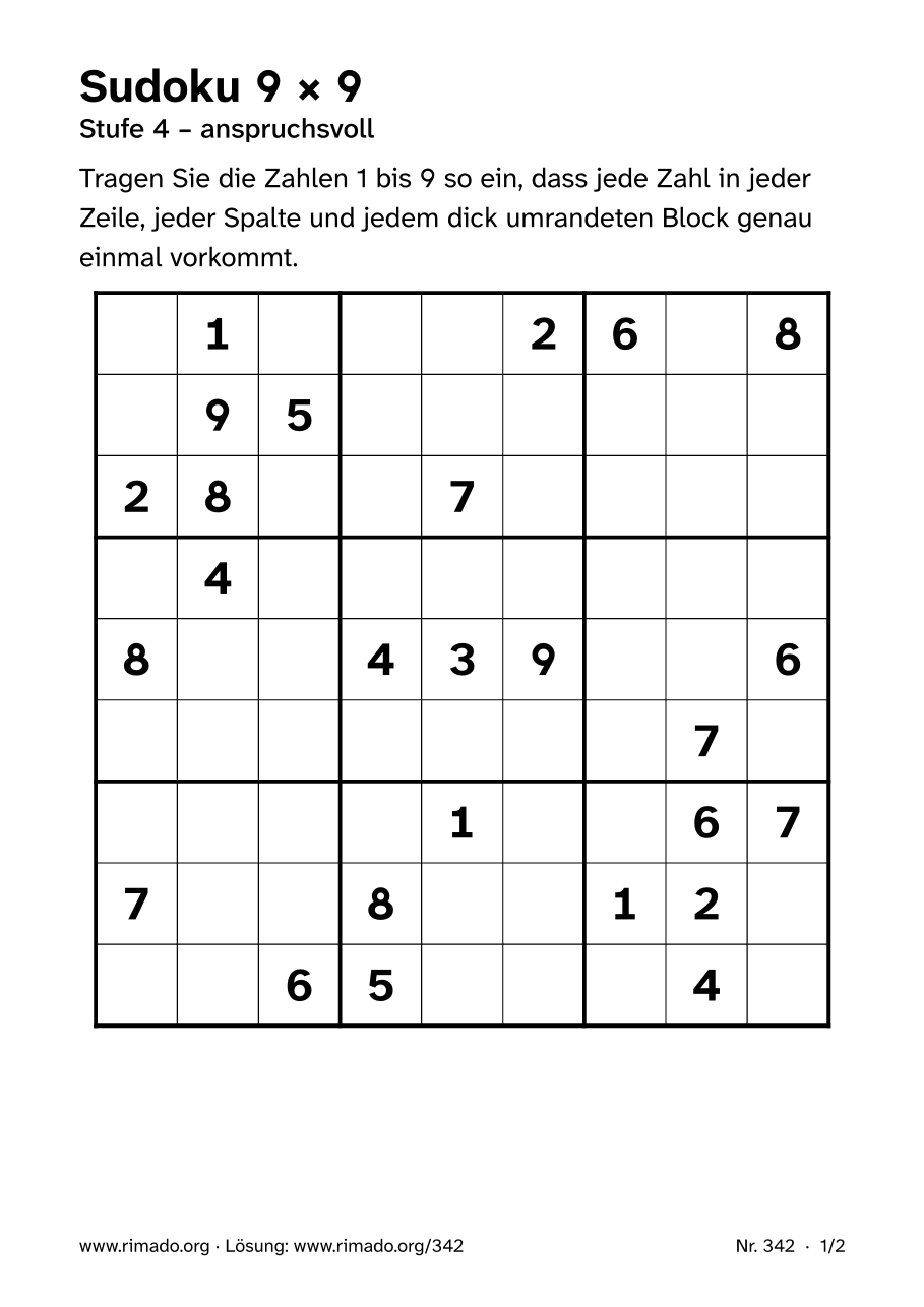 Vorschau der Druckseite: Sudoku 9 × 9, Nr. 342