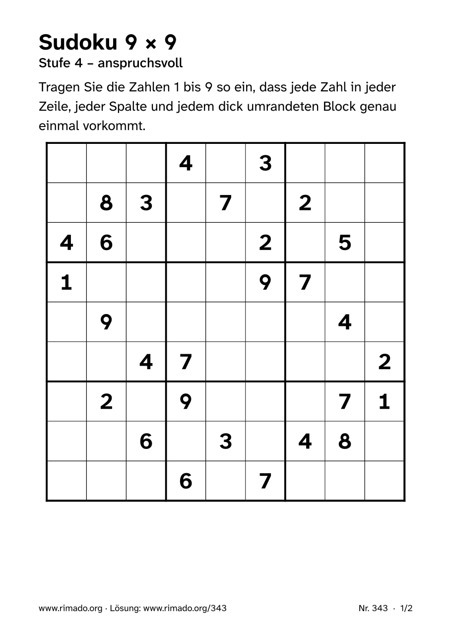 Vorschau der Druckseite: Sudoku 9 × 9, Nr. 343