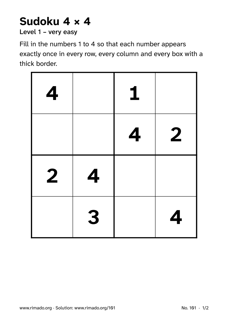 Preview of the printed page: Sudoku 4 × 4, no. 101