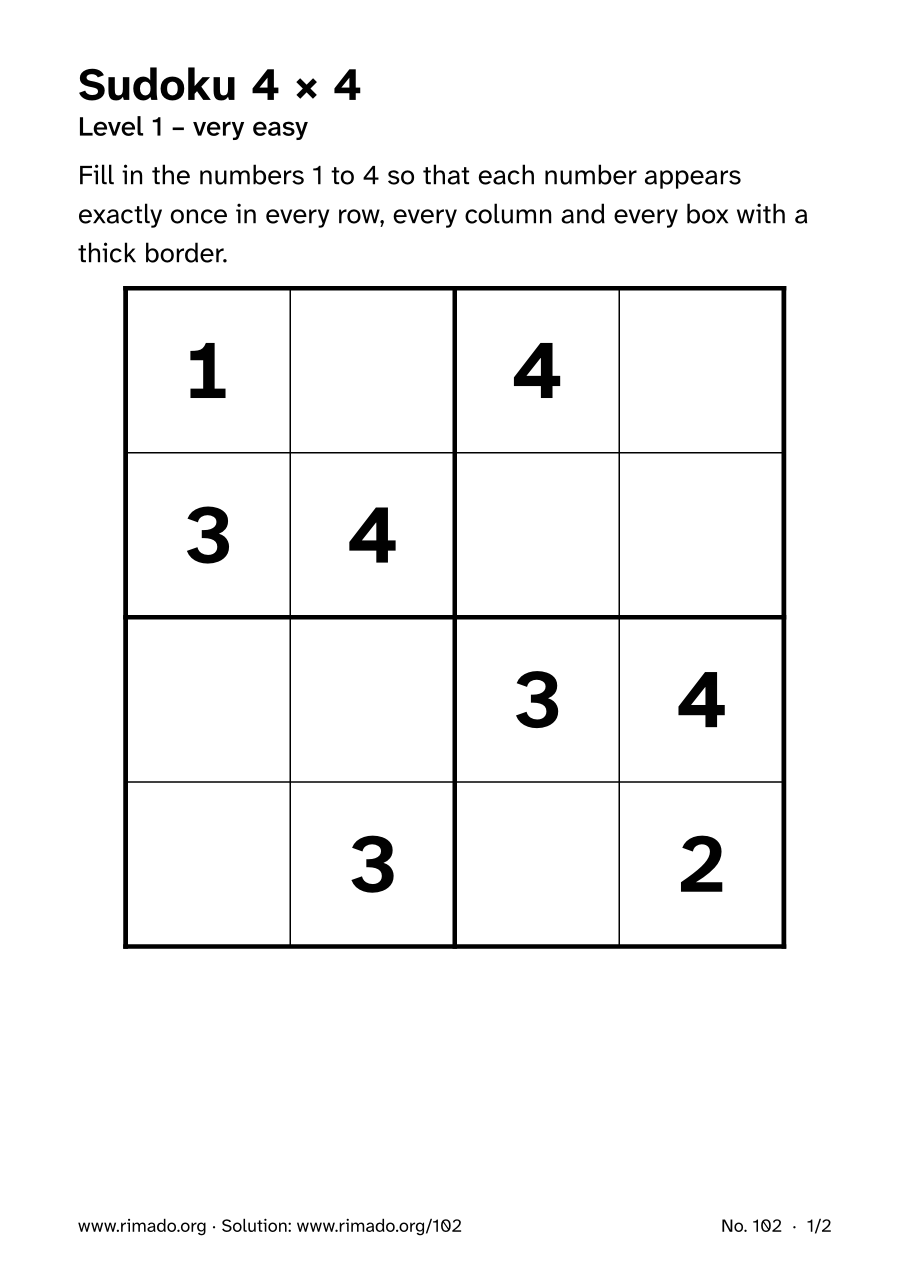 Preview of the printed page: Sudoku 4 × 4, no. 102