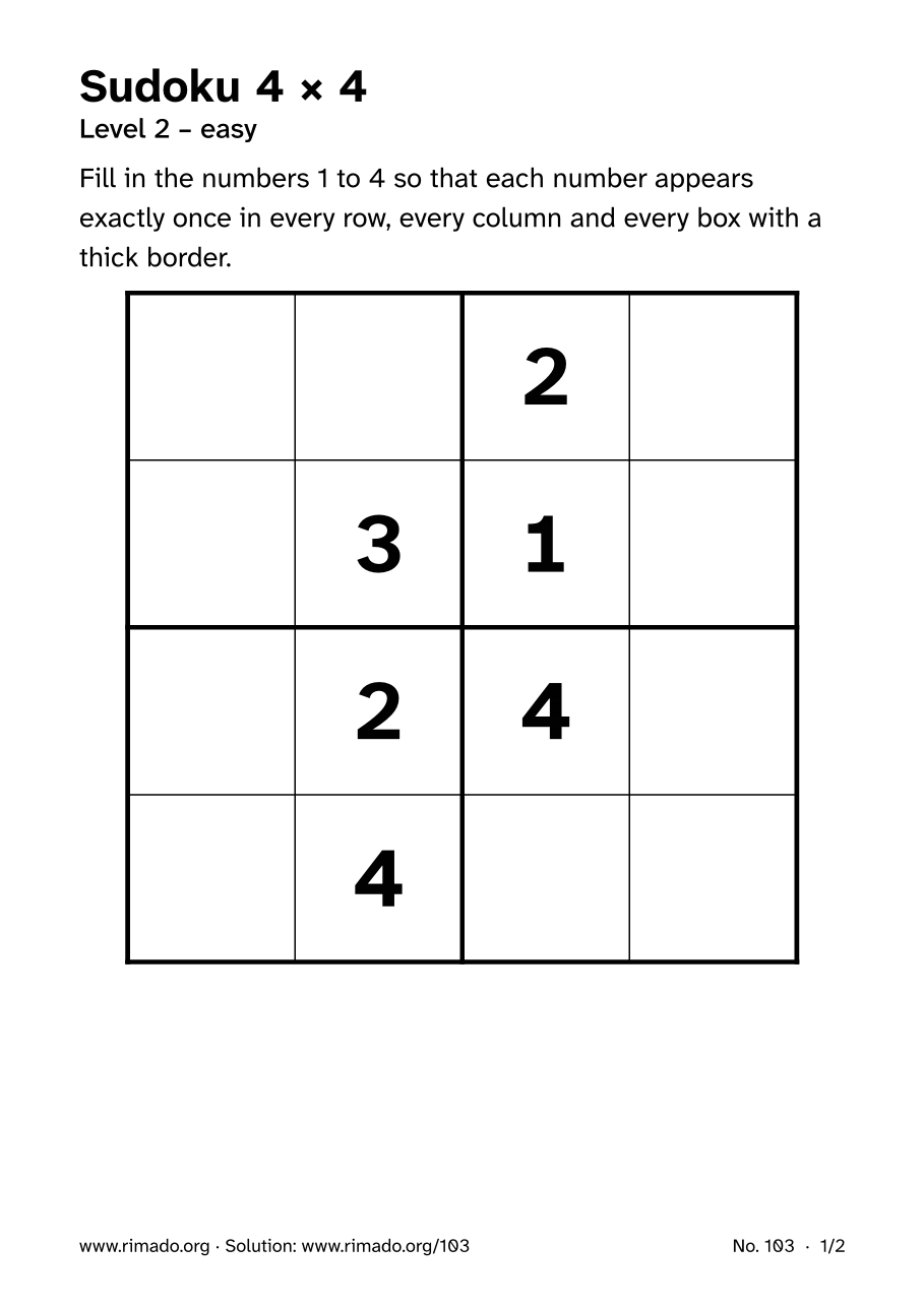 Preview of the printed page: Sudoku 4 × 4, no. 103