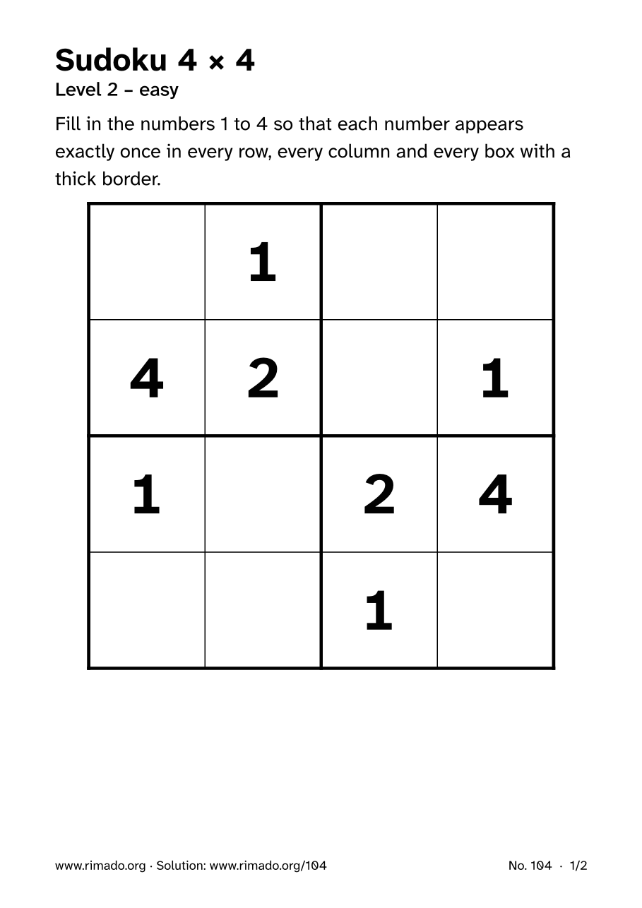 Preview of the printed page: Sudoku 4 × 4, no. 104