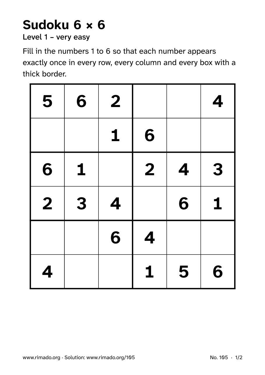 Preview of the printed page: Sudoku 6 × 6, no. 105