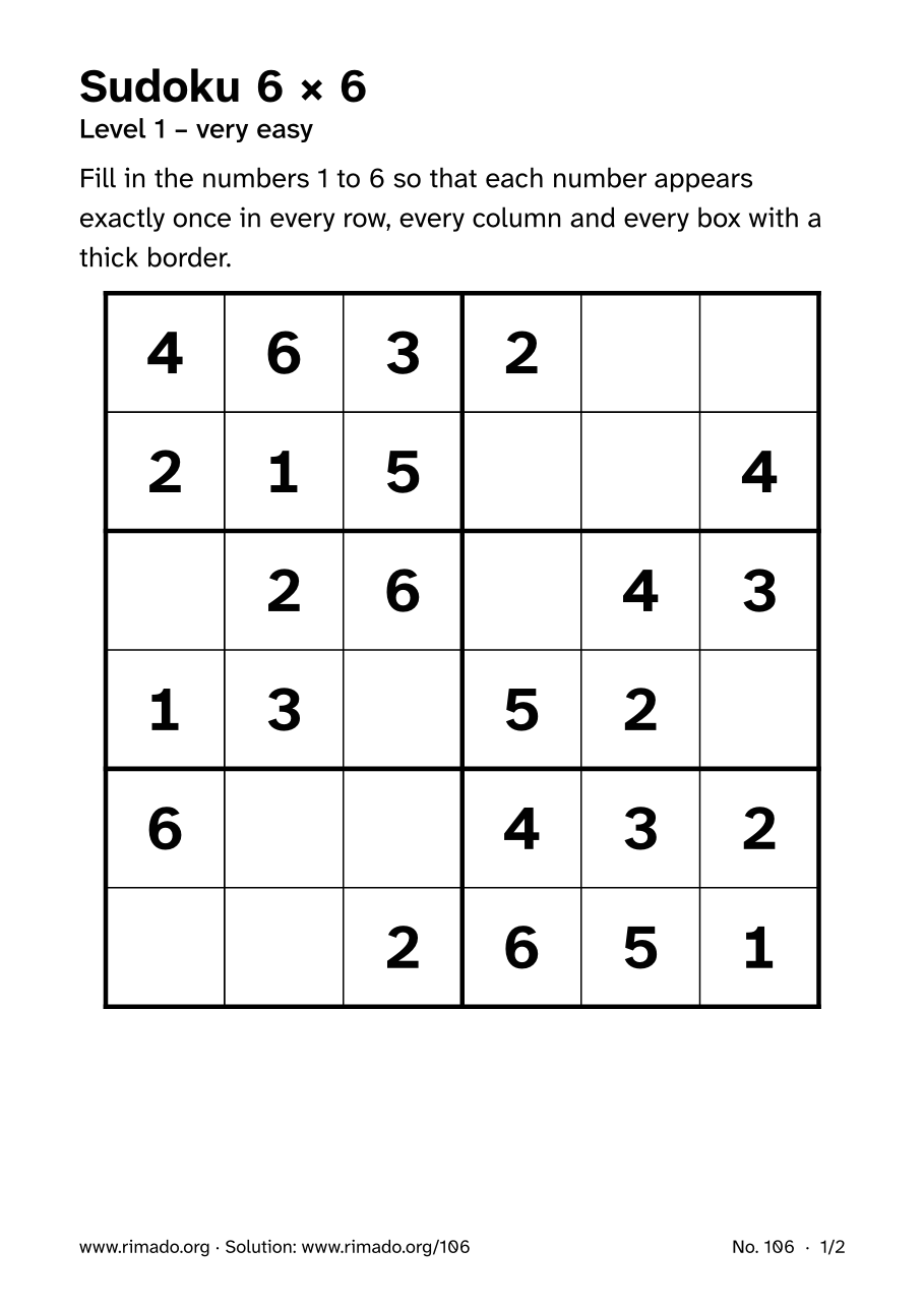 Preview of the printed page: Sudoku 6 × 6, no. 106