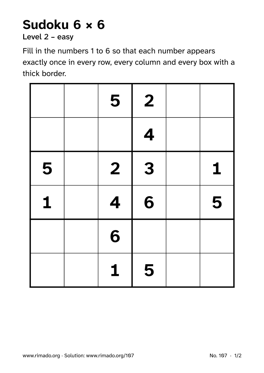 Preview of the printed page: Sudoku 6 × 6, no. 107
