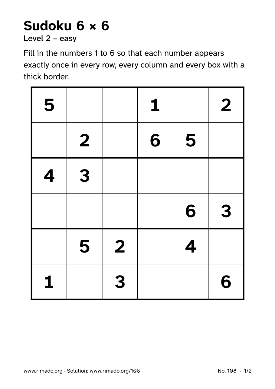 Preview of the printed page: Sudoku 6 × 6, no. 108