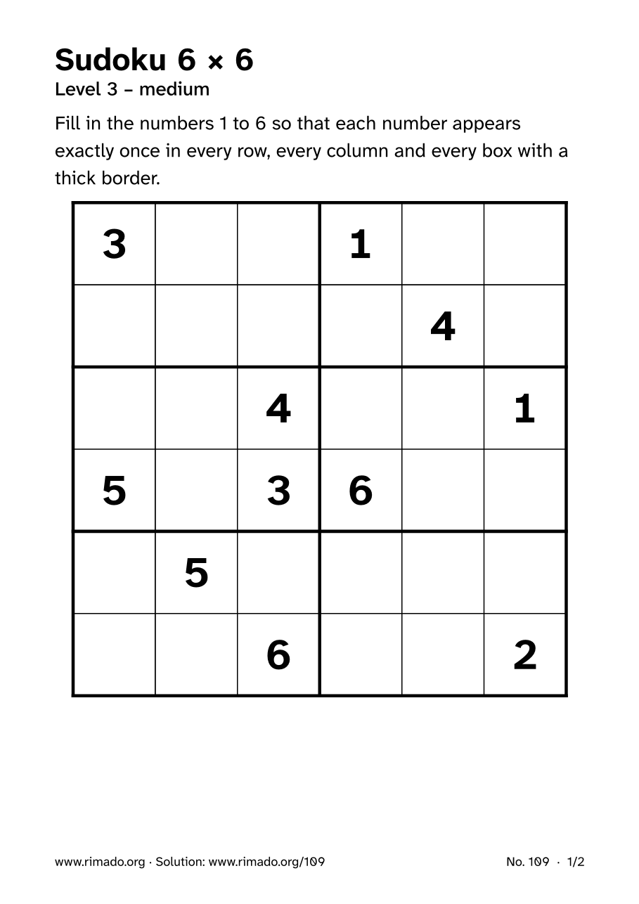 Preview of the printed page: Sudoku 6 × 6, no. 109