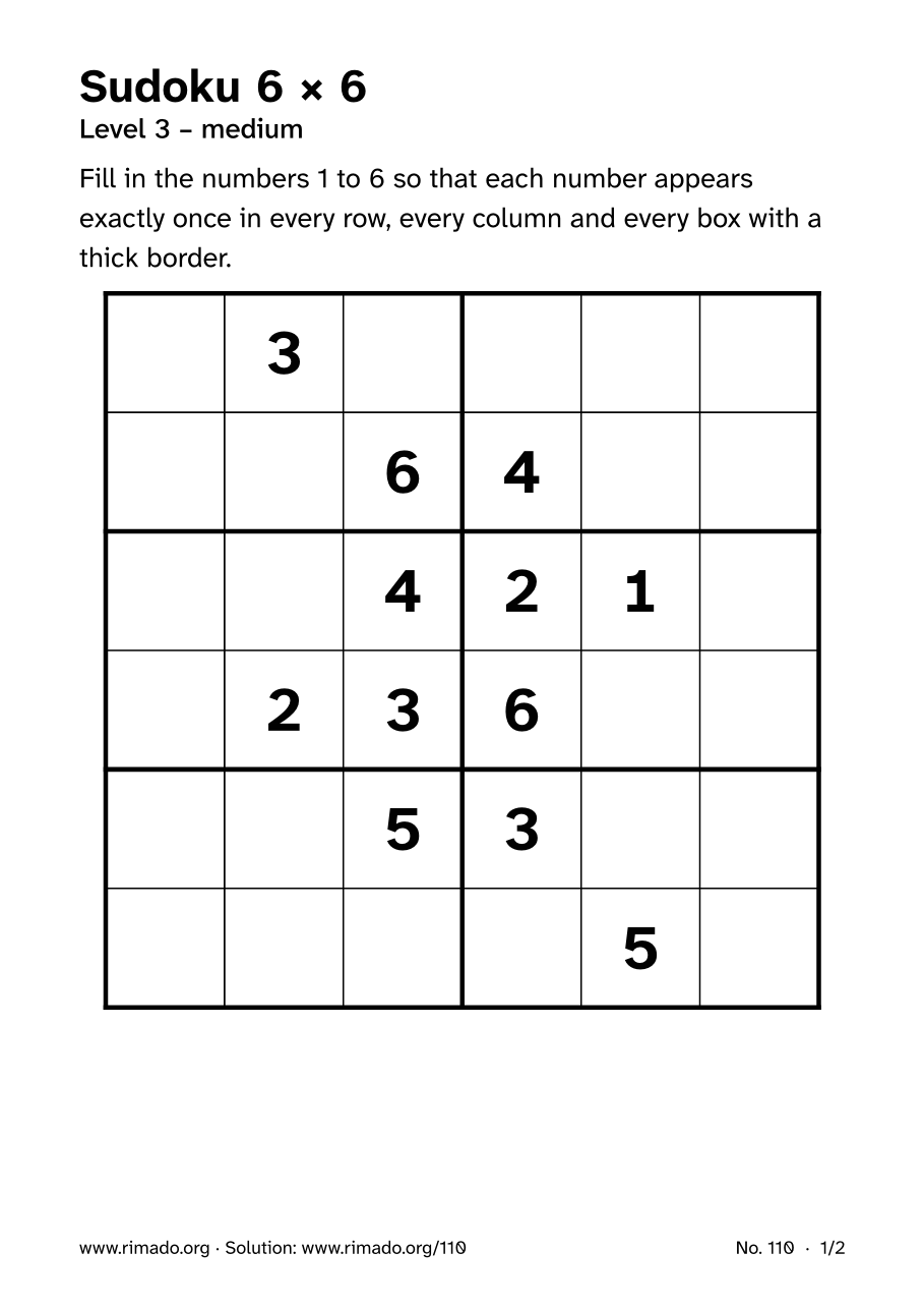 Preview of the printed page: Sudoku 6 × 6, no. 110