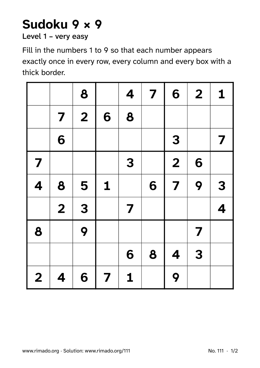 Preview of the printed page: Sudoku 9 × 9, no. 111