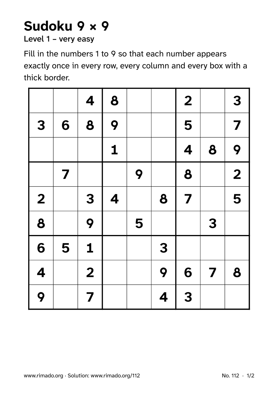 Preview of the printed page: Sudoku 9 × 9, no. 112