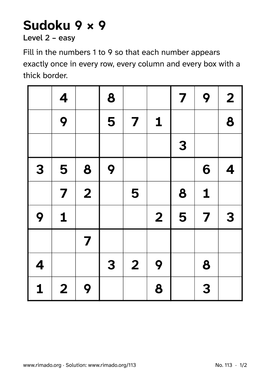 Preview of the printed page: Sudoku 9 × 9, no. 113