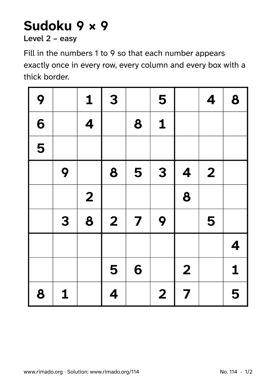 Preview of the printed page: Sudoku 9 × 9, no. 114