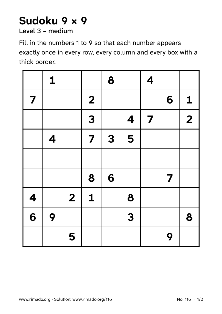 Preview of the printed page: Sudoku 9 × 9, no. 116