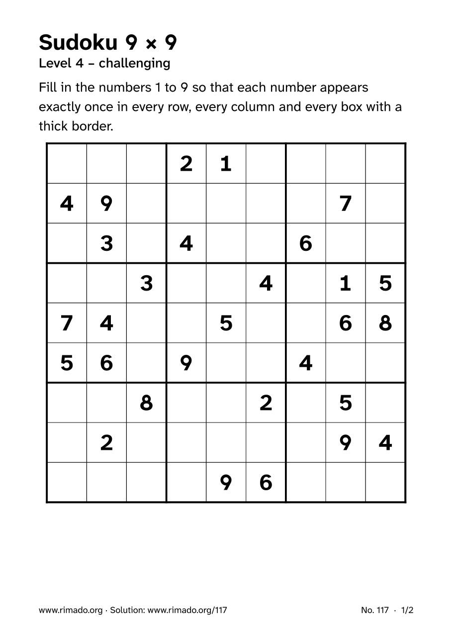 Preview of the printed page: Sudoku 9 × 9, no. 117