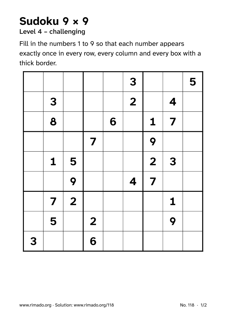 Preview of the printed page: Sudoku 9 × 9, no. 118