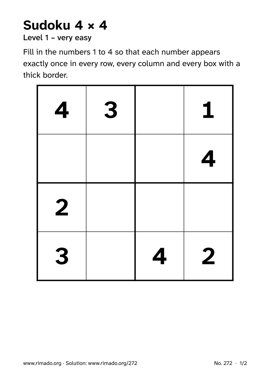 Preview of the printed page: Sudoku 4 × 4, no. 272