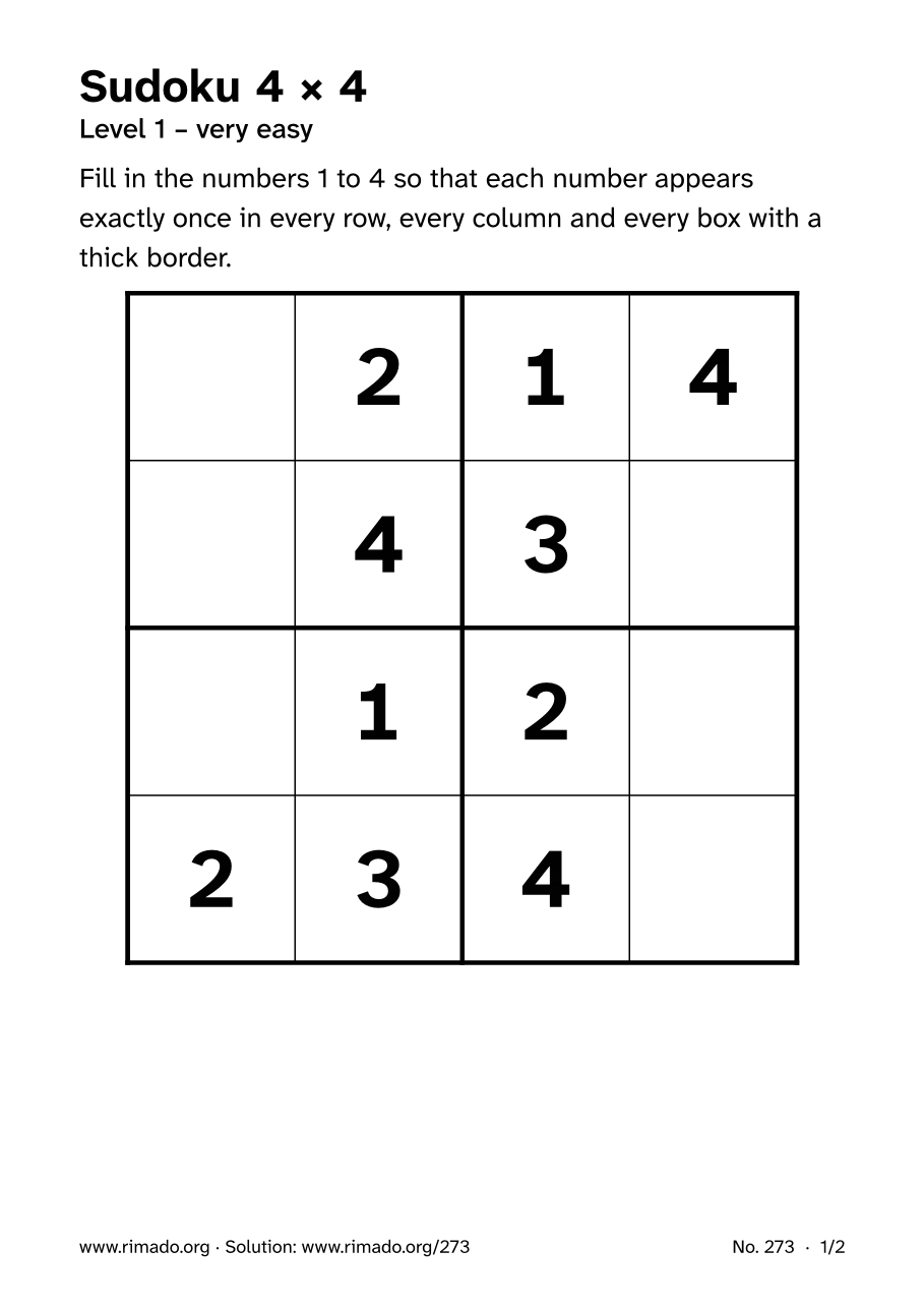 Preview of the printed page: Sudoku 4 × 4, no. 273
