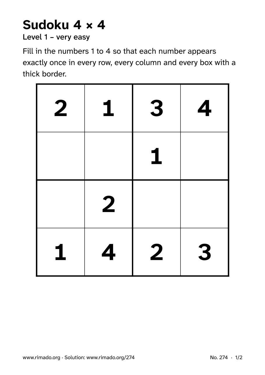 Preview of the printed page: Sudoku 4 × 4, no. 274